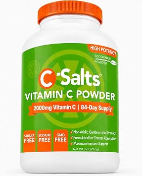 C-Salts Buffered Vitamin C Powder - Pure Organic, Stomach Friendly Ascorbic Acid VIT C Drink for Daily Immune Support & Collagen Production - Vegan Non GMO Sugar Free - 84 Servings Original, 8oz