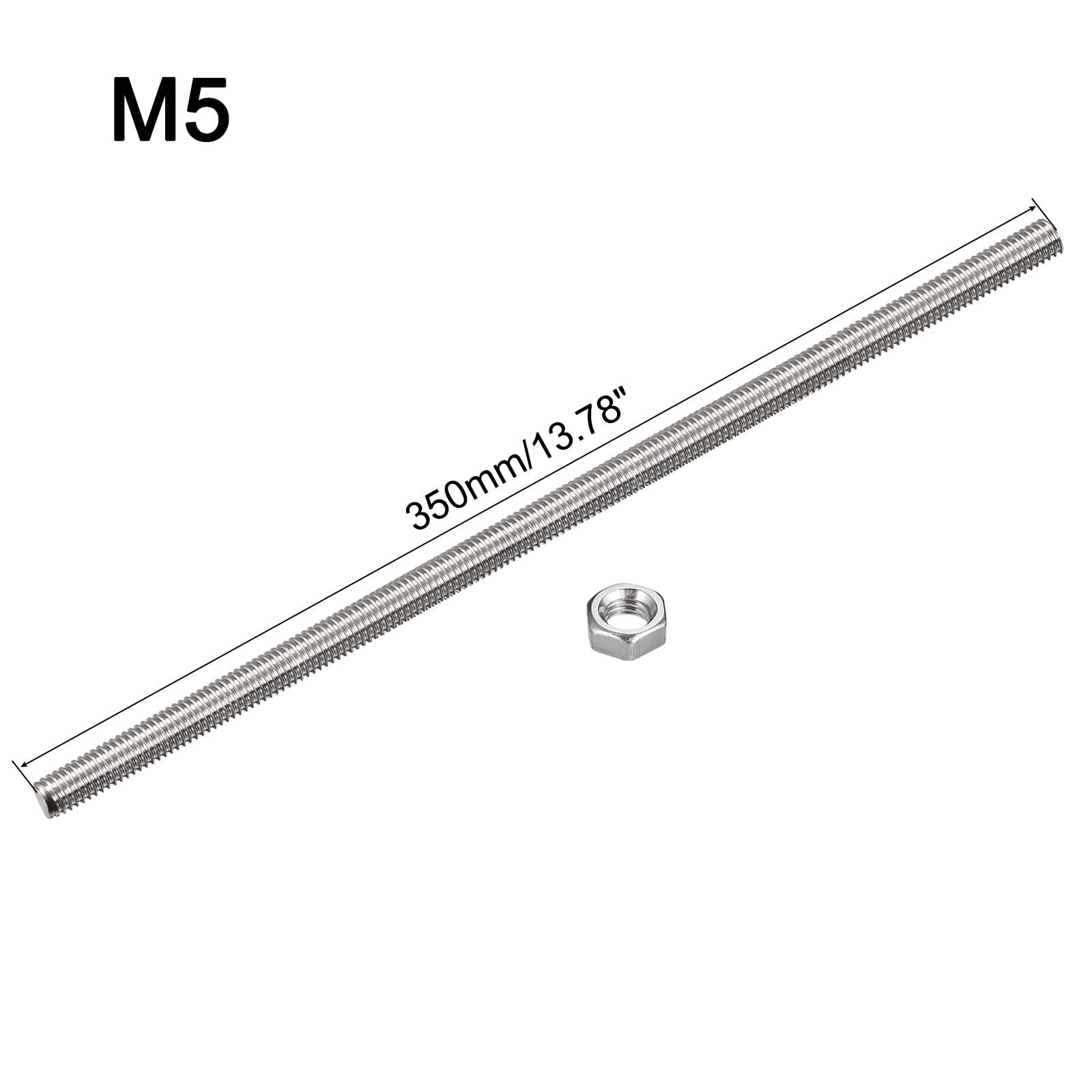 Fully Threaded Rod M5 X 350mm 0.8mm Pitch 304 Stainless Steel Right Hand 2 Pcs - Silver Tone