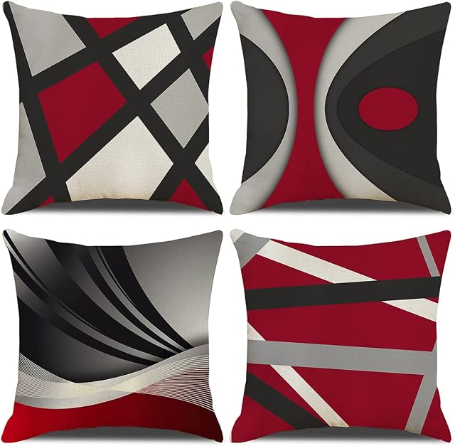 Pack of 4 Red and Black Abstract Throw Pillow Covers Modern Cotton Linen Cushion Covers Pillow Cases for Couch Sofa Bed Car Living Room Home Decor 18X18 Inches /45x45cm
