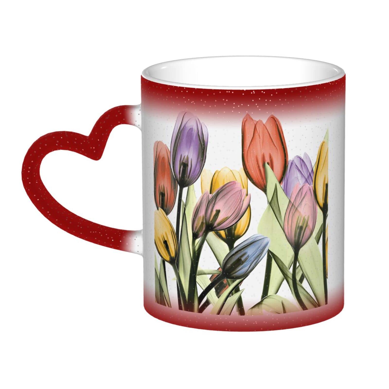 Aseelo Color Changing Mug Tulip Scape Ceramic Coffee Cup with Heart-Shaped Handle for Home Office Women Men Gift - 12 Oz