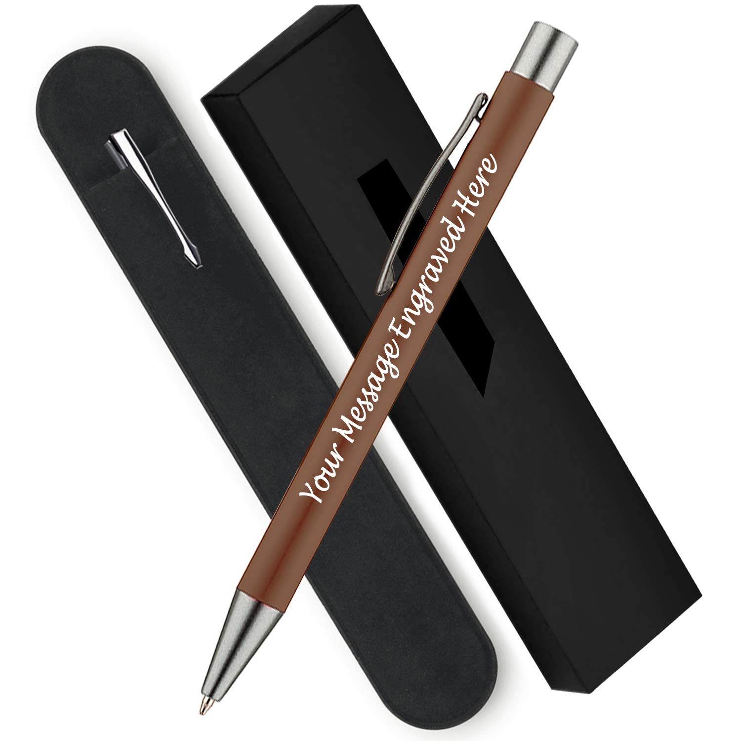 Personalised Engraved Aluminium Ballpoint Pen with Graphite Finish Gift Boxed with Velvet Pouch, Blue Ink plus Black Ink, Custom Gifts for Christmas, Holiday Present - Enter Your Custom Text (Brown)