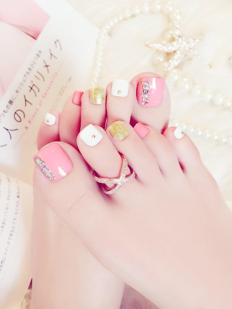 Skyvan 24 PCS Set Press On Pink Toenails False Toenails with Rhinestone Full Cover Summer Fake Nails for Toes with Glue