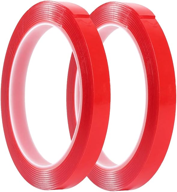 Welcomefee Pack of 2 Double Sided Clear Tape Red Liner Super Strong Self Adhesive Craft Tape Heat Resistant Adhesive Tape for Mobile Phone Repair, Office, Scrapbooks, Document Repair 10mmx3m