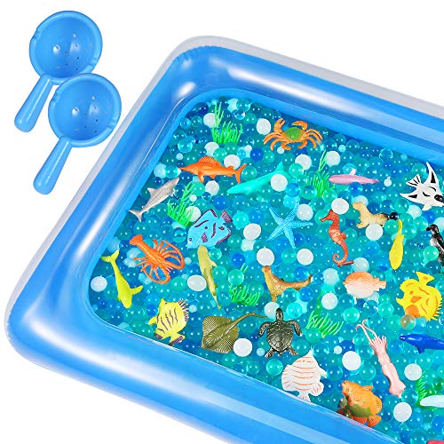 Auihiay 48 Pieces Ocean Sea Animals Set Include Ocean Animals Inflatable Water Mat and Ocean Water Beads, Sensory Toys for Children Education Family Time