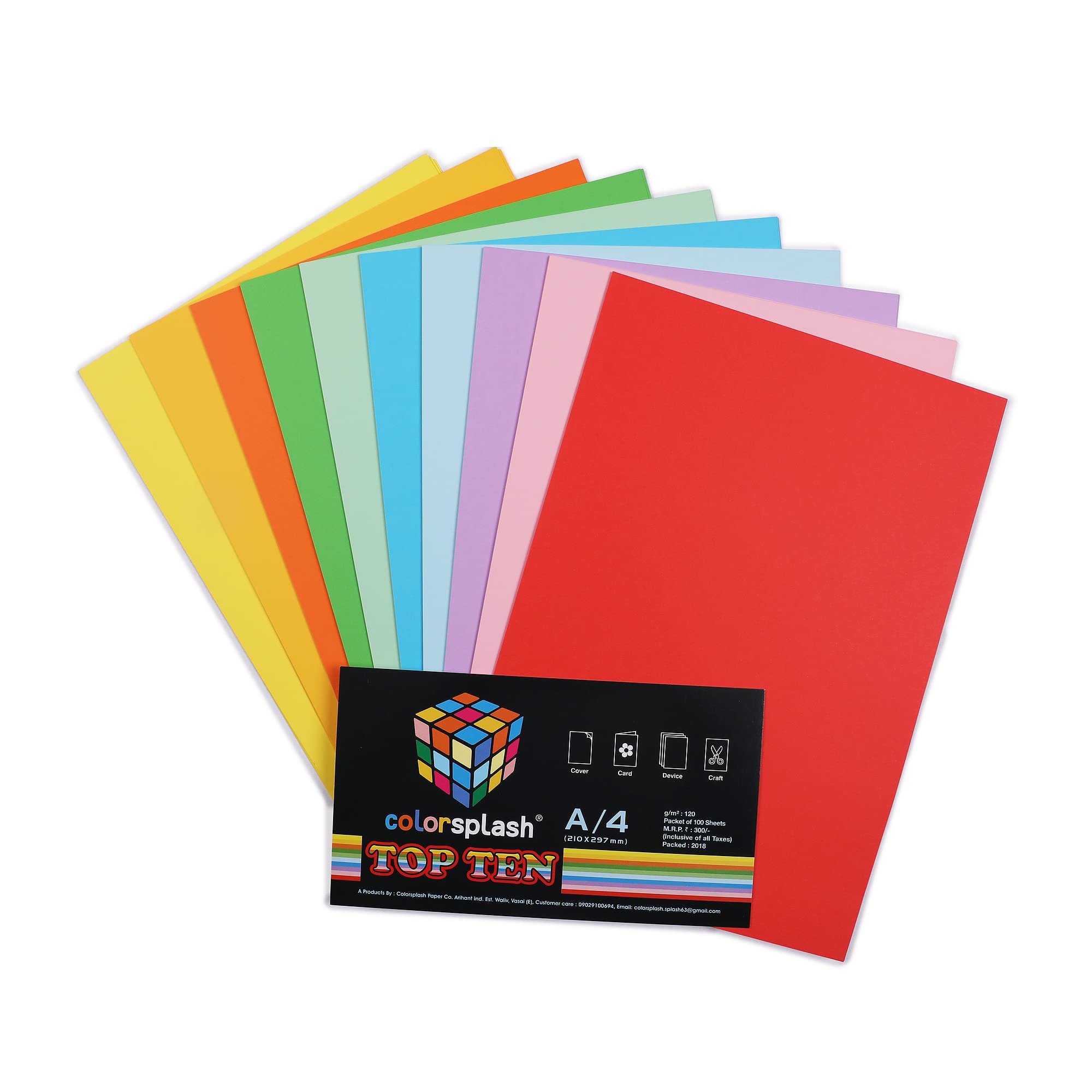 COLORSPLASH A/4 TOP Ten Colour Papers, 10 Colour* 10 Sheets, 120 GSM -Pack of 1