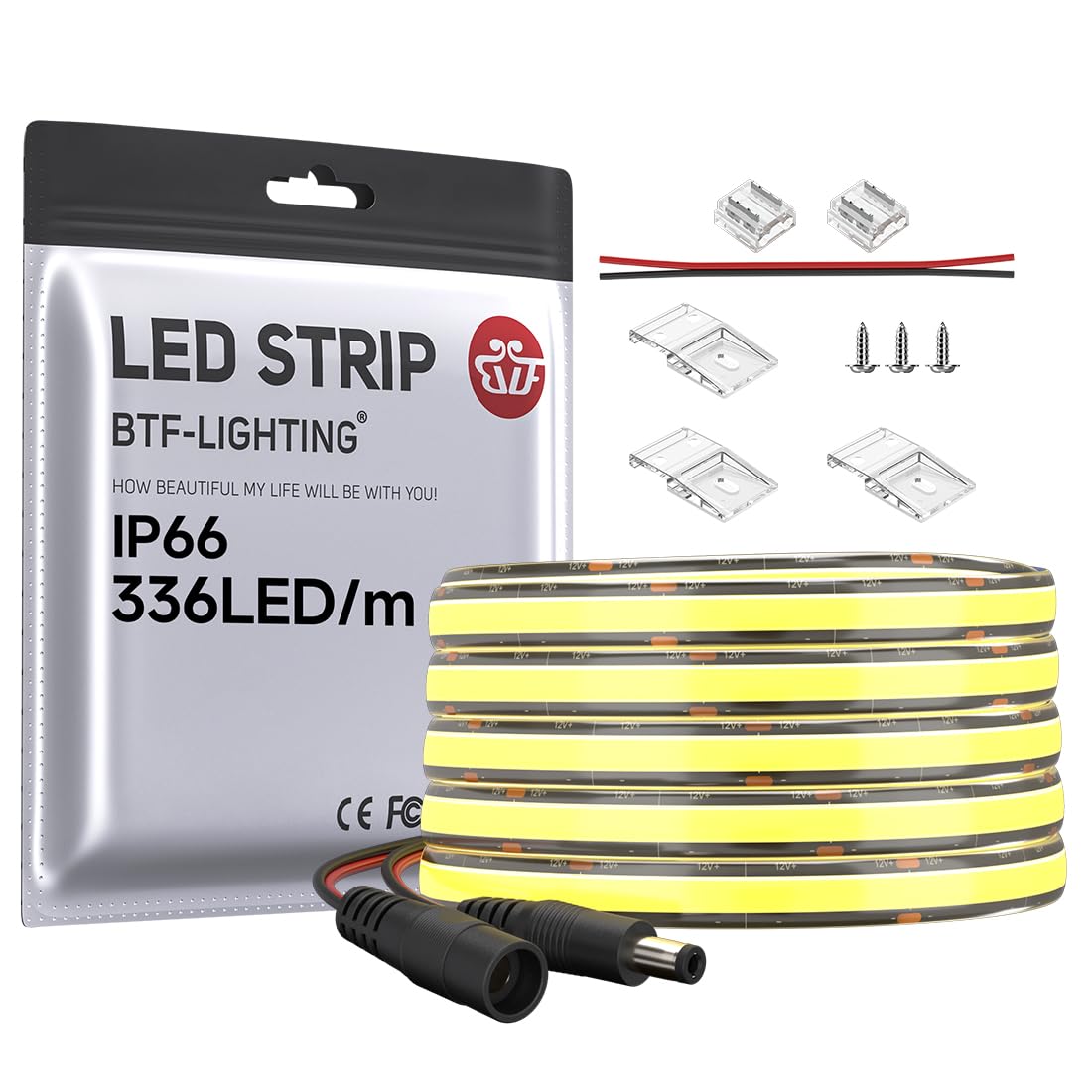 BTF-LIGHTING COB LED Strip Light 5M FCOB 336LEDs/M Flexible High Density Natural White Black PCB 12V 8mm Width Dimmable Light Uniformity IP66 LED Tape for Indoor Decoration(Only LED Strip)