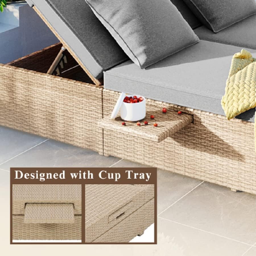 Outdoor Brown Double Sunbed Patio Reclining Chairs in Wicker Rattan