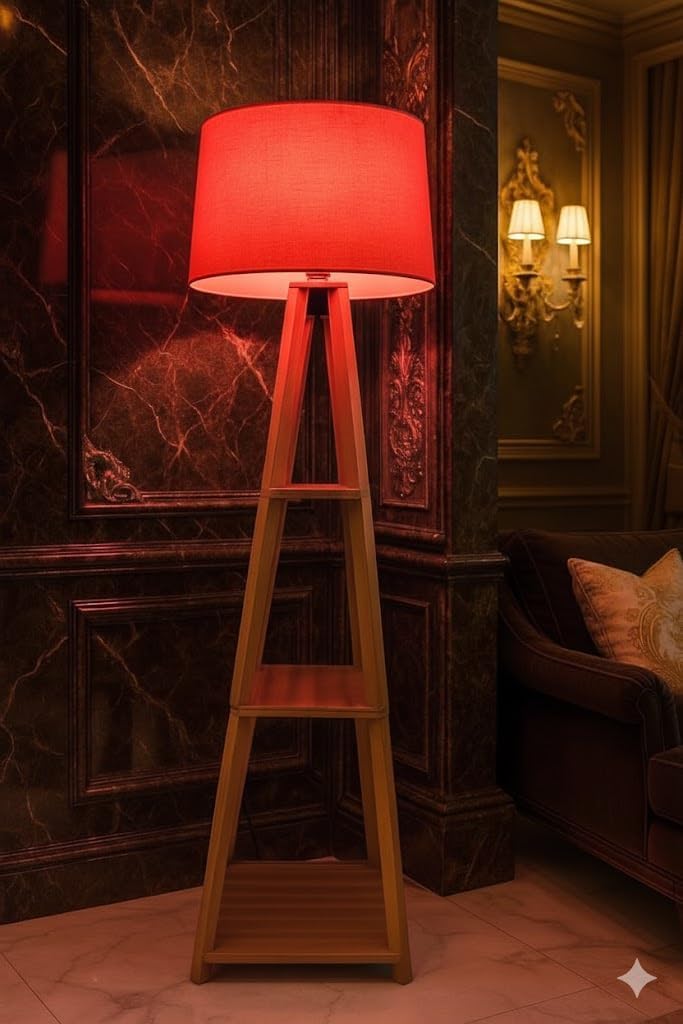 Floor Lamp with 3-Tier Wooden Shelves, Linen Shade, Tripod Style, Living Room Standing Light (Red)-picture-10