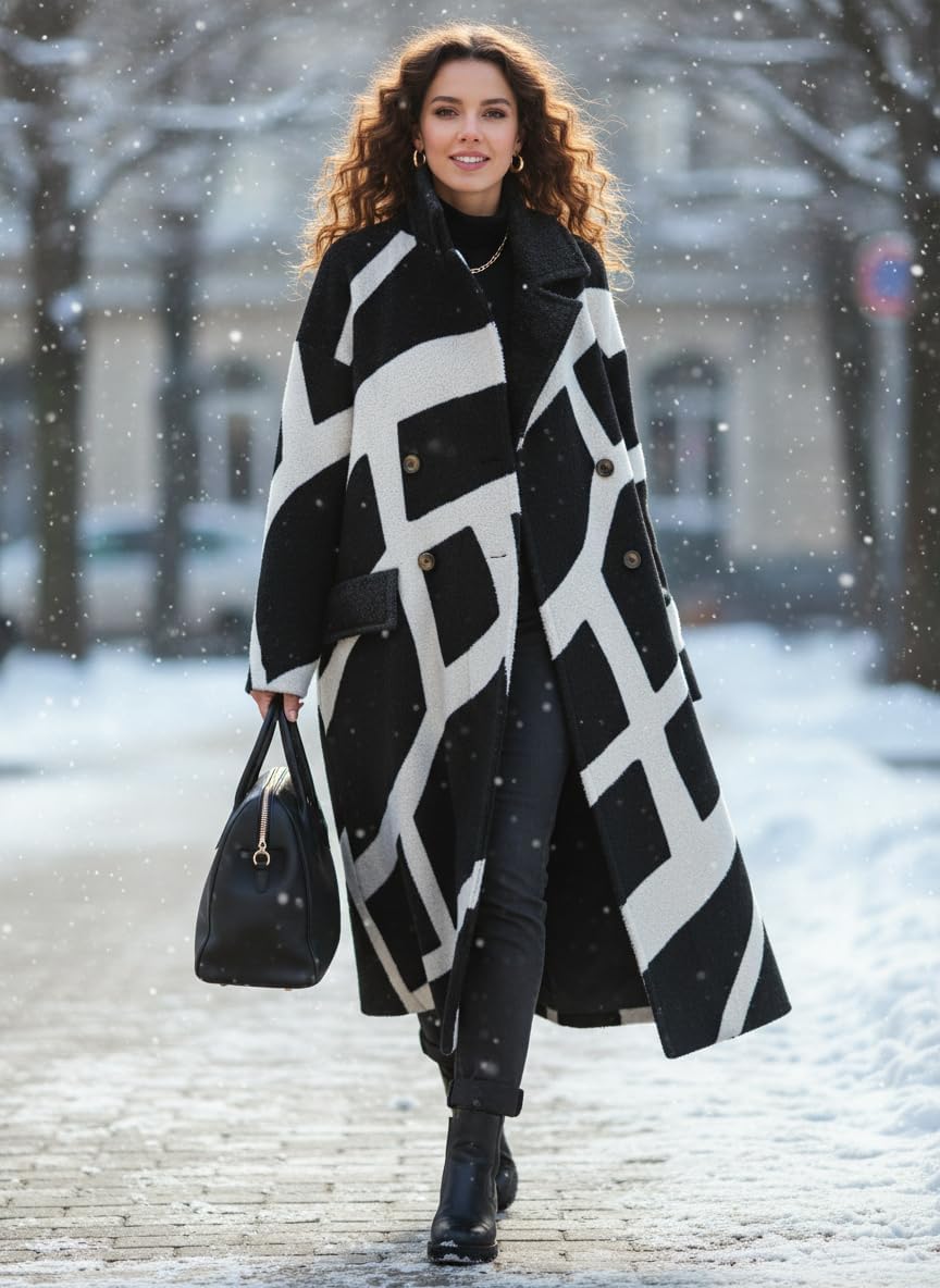 TIAFORD Women's Winter Lapel Wool Blend Trench Pea Coat Casual Single Breasted Oversized Warm Overcoat Jacket with Pockets