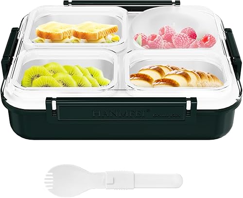 HANMFEI Caja Bento de acero inoxidable, lonchera para adultos de 38.9 fl oz, 4 compartimentos para niños y adultos (verde oscuro, acero inoxidable)
