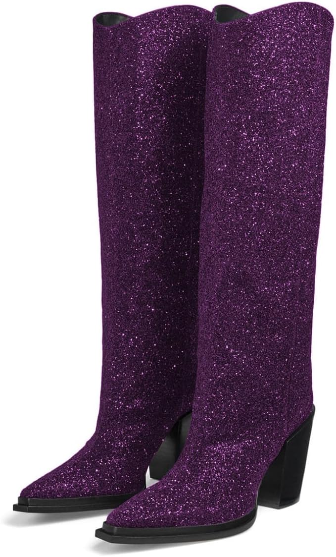 miss left Women Chic Pointed Toe Sparkly Cowgirl Knee High Boots Chunky High Heel Pull on Fashion Glitter Western Boots Size 4-16 US