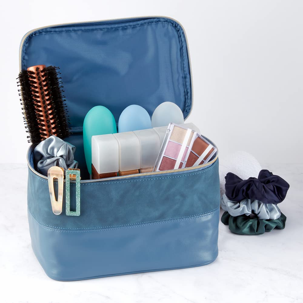 Scunci by Conair Train Case, Makeup Bag, Travel Organizer for Women in Blue Suede-Like Material : Beauty & Personal Care
