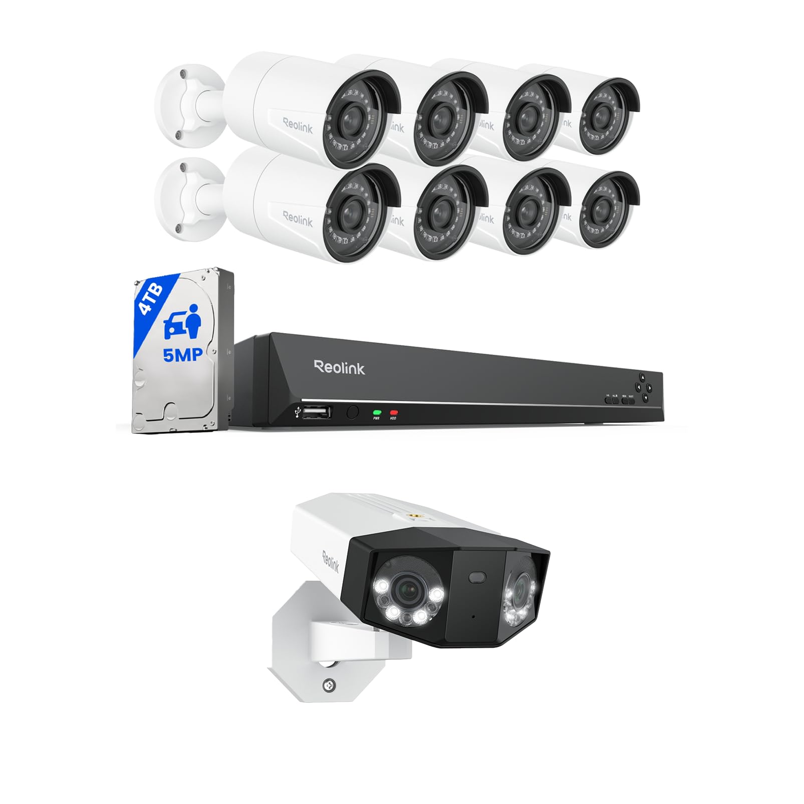 5MP PoE Security Camera System Bundle, 8pcs 5MP IP Cameras, a 16CH NVR Pre-Installed with 4TB HDD, RLK16-410B8-5MP Bundle with 16MP 180° Panoramic View Dual-Lens Camera Duo 3 PoE