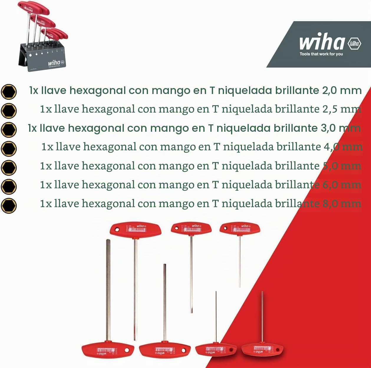 Wiha Juego de llaves Allen con mango corredizo hexagonales, de 8 unid., incl. niquelado brillante, en soporte de banco de trabajo (00953)