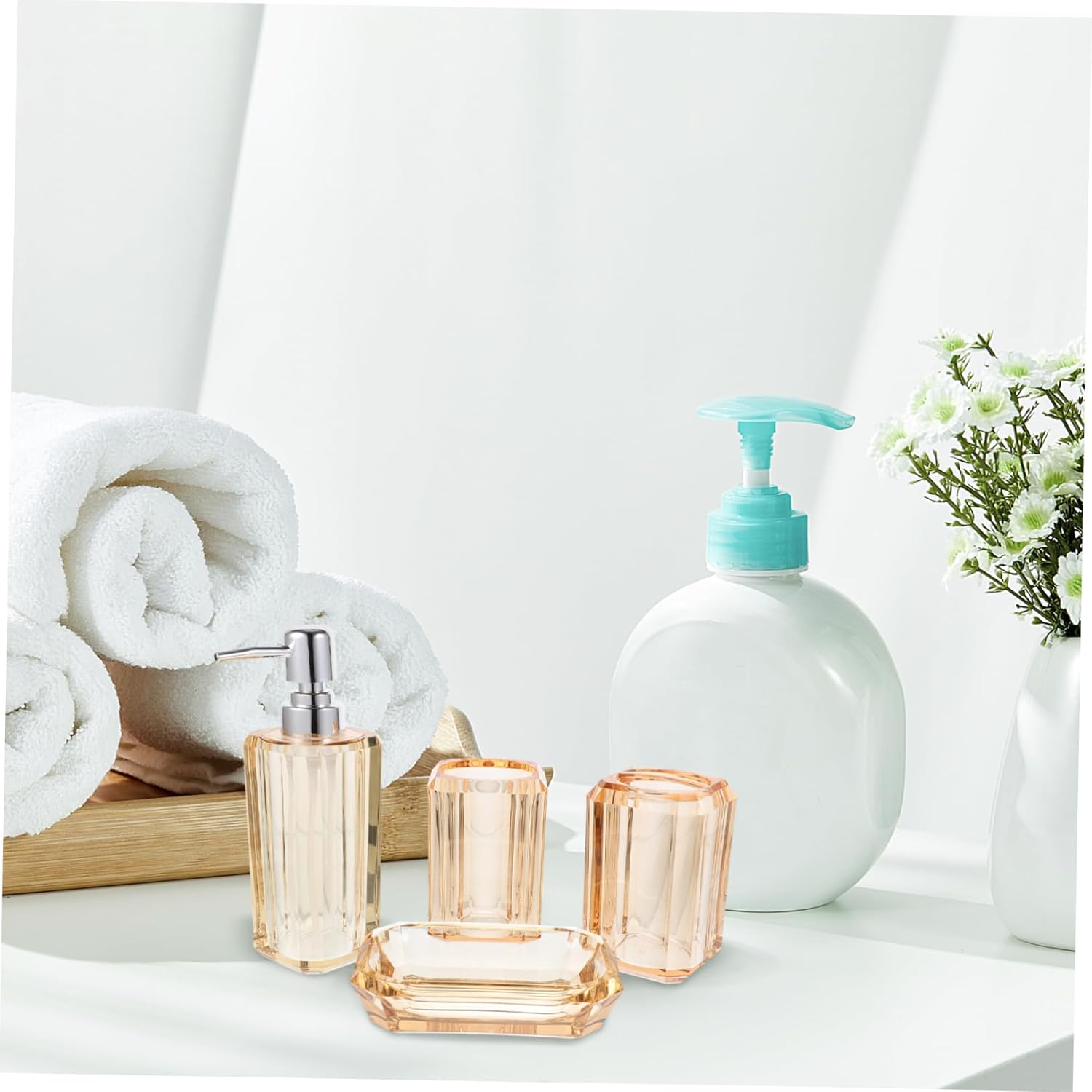 1set Transparent Bathroom Accessory Set Kit Lotion Soap Dispenser Toothbrush Holder Shampoo Bottles for Stylish Bathroom Organization