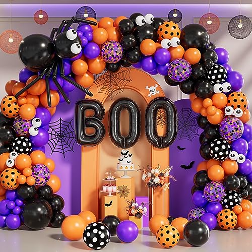 Grcypa Halloween Balloon Garland Arch Kit with Spider Balloons Black Orange Purple Confetti Balloons BOO Foil Eye Polka Dot Balloon for Halloween Theme Party Backdrops Birthday Baby Shower Decorations