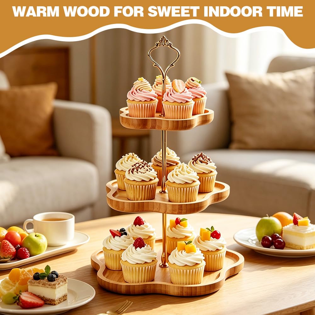 Soporte de 3 pisos de madera para cupcakes, soporte para cupcakes con mango de metal, soporte para frutas, 3 pisos, soporte para tartas, para cumpleaños, té de la tarde, fiesta de boda