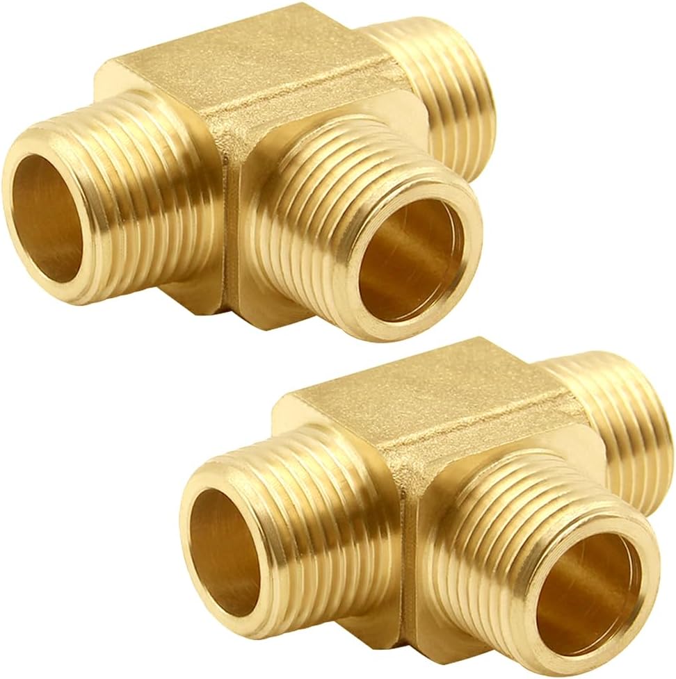 Uenede 2PCS 1/4 Inch Brass Tee Pipe Fitting 1/4" NPT Male x 1/4" NPT Male x 1/4" NPT Male for Water/Oil/Gas