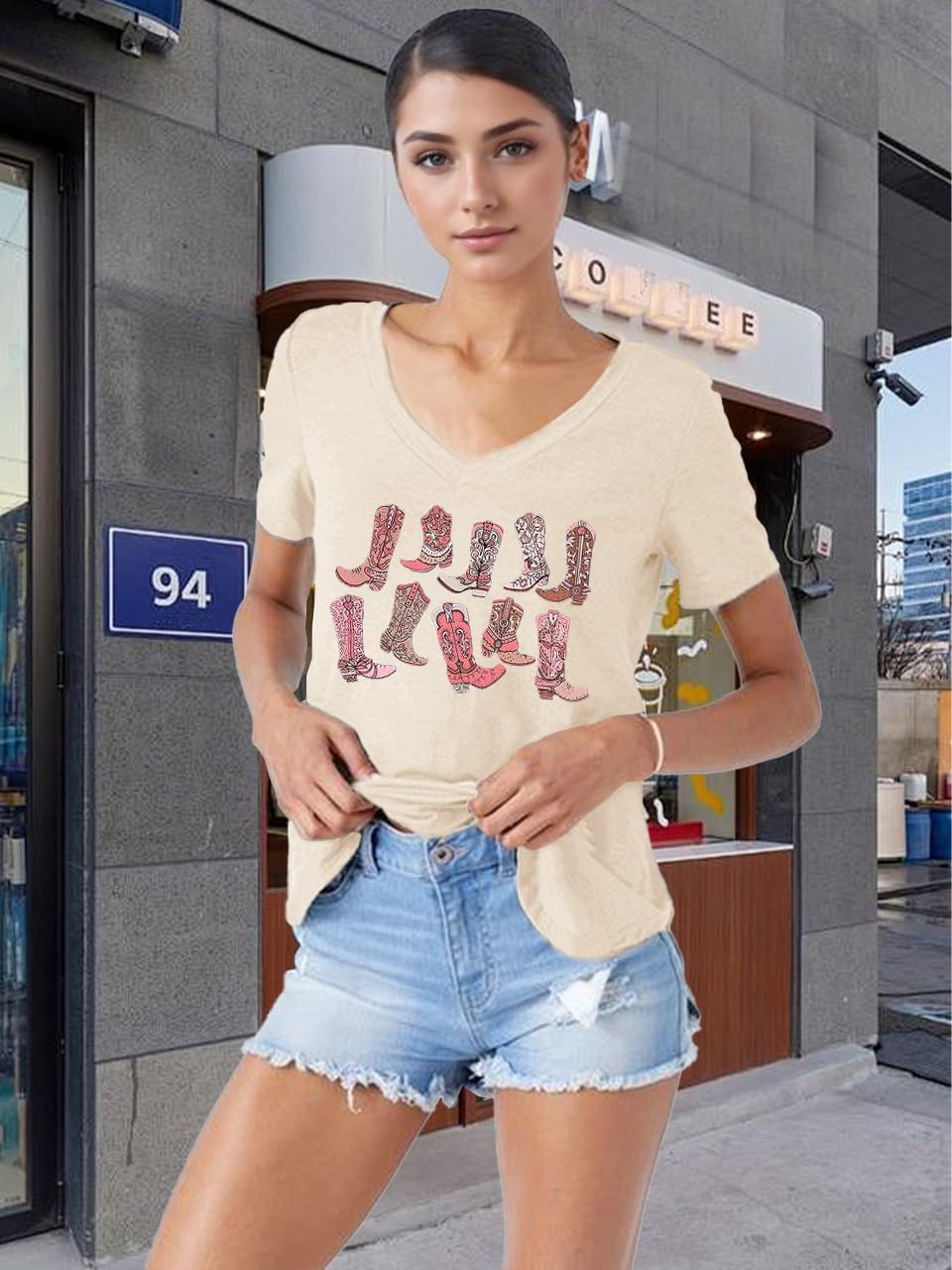 Western Country Shirt for Women Cowgirl Cartoon Boots V Neck Short Sleeve Tops Vintage Cowboy Graphic Tees - Image 3