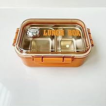 Premium 2 Section Lunch Box Lock Lid, Leak Resistant Bento Tiffin Box for Kids Adults, Food Storage Container Divider for Roti Rice Curry Snacks, Portable Lunch Box for Office Travel(Orange)