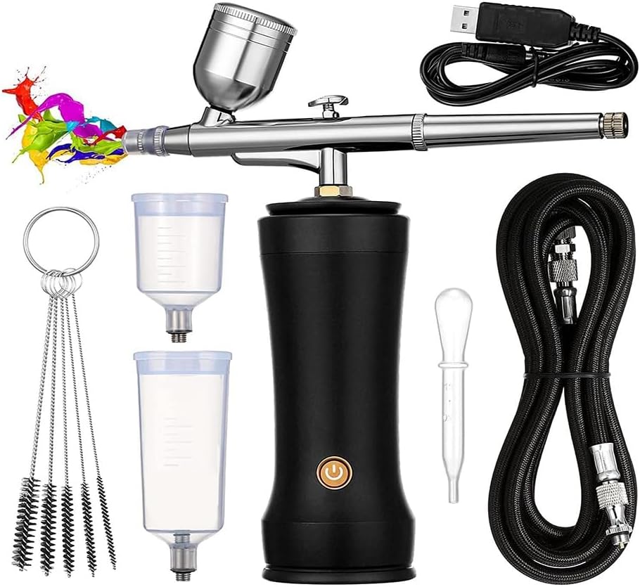 エアブラシキット コンプレッサー付き、30PSI コードレス エアブラシガンキット エアホース付き 充電式 ハンドヘルド エアブラシ