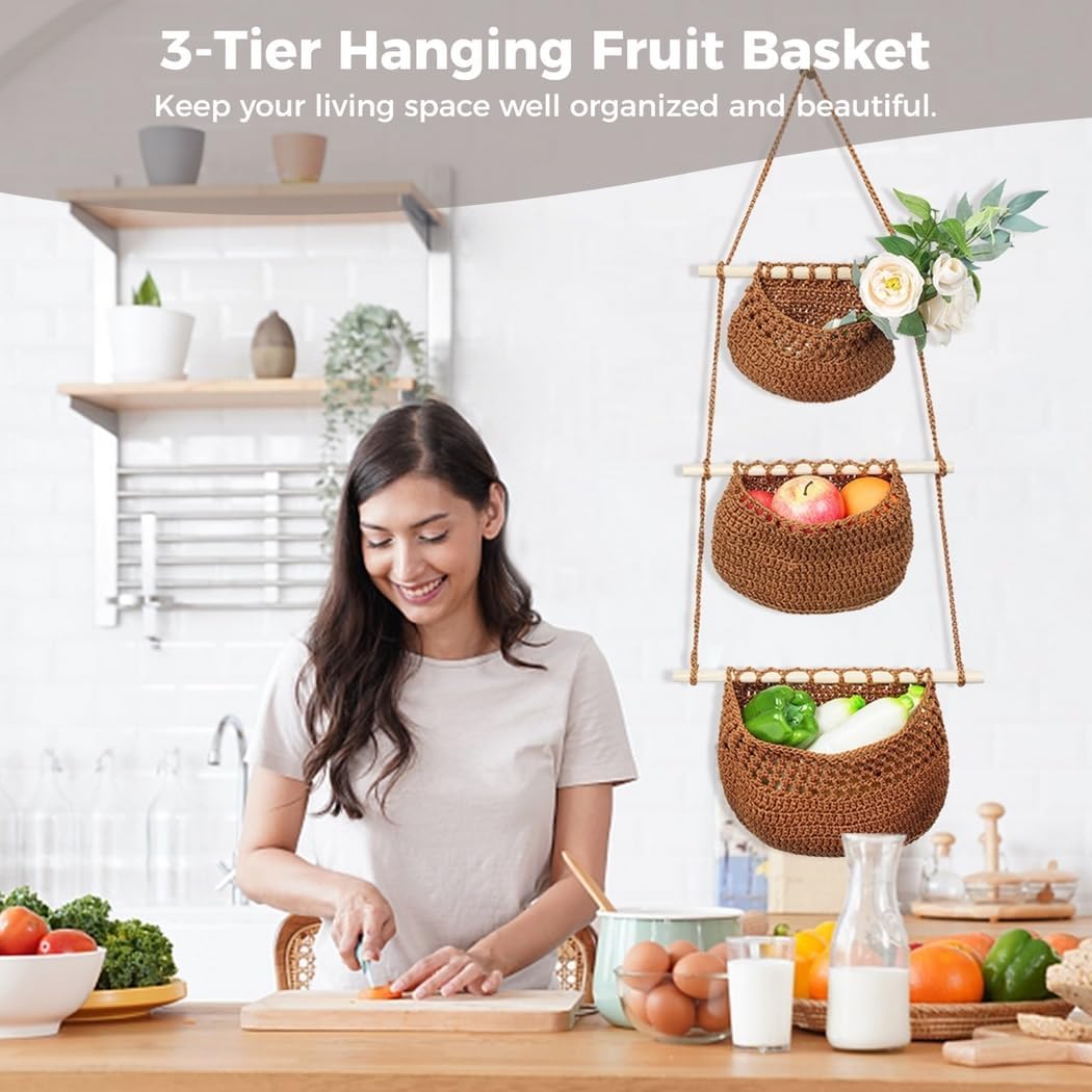 Detachable Storage Baskets for Kitchen, Living Room, Bedroom, 3-Tier Hanging Fruit Basket, Over The Door Hanging Baskets, Woven Cotton Rope Wall-Mounted Organizer, Boho Wall Decor