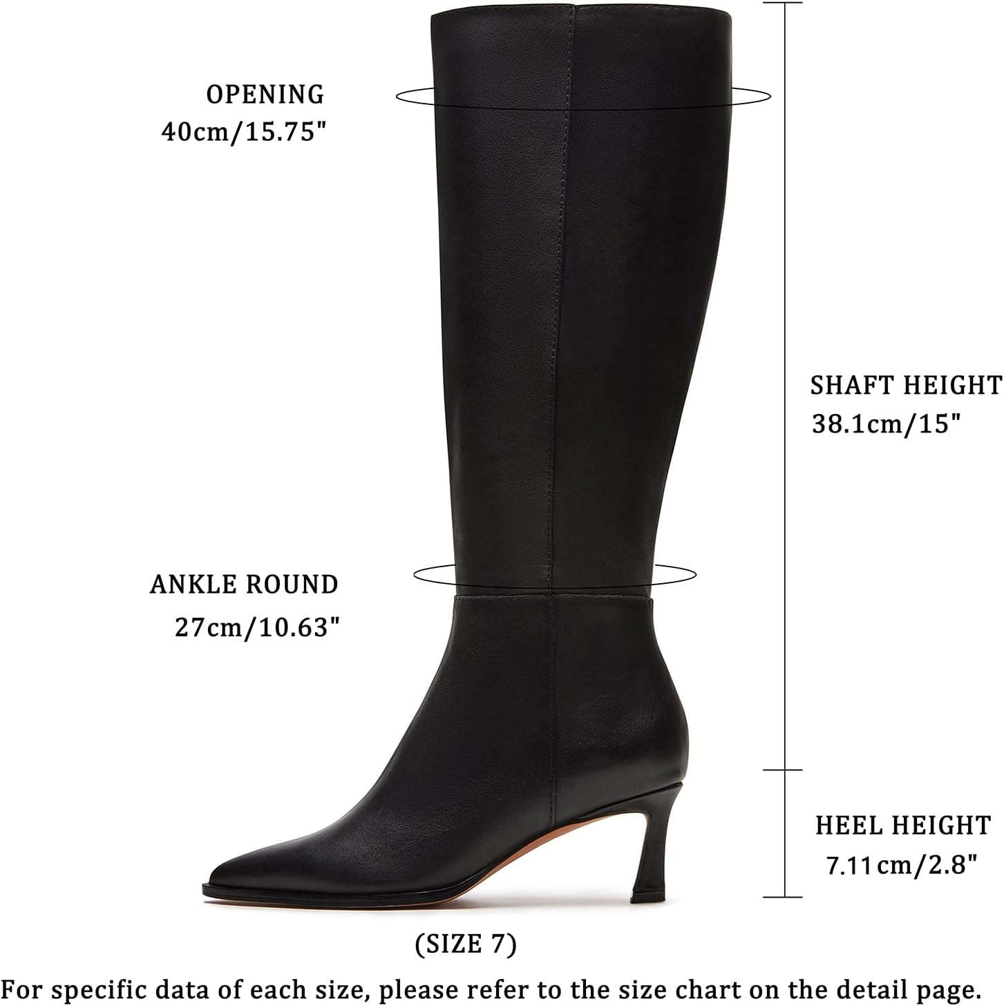 Kitten Heel Knee High Boots Women-Pointed Toe Faux Leather Stiletto Side Zipper Long Tall Dress Boot