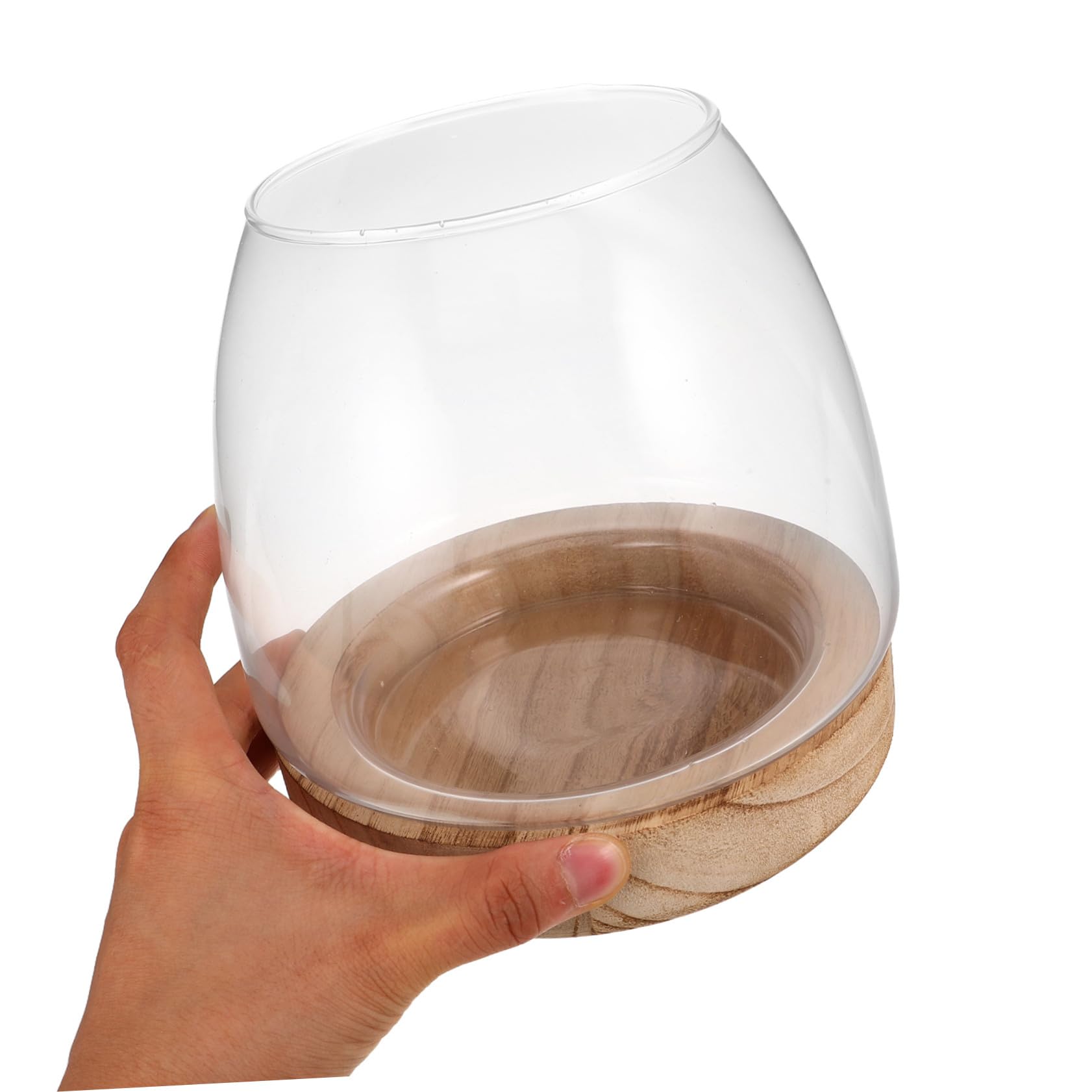 Uonlytech Vase Hydroponique Verre Transparent avec Base Bois Aquarium Décoratif pour Plantes et Poissons Vase de Bureau Compact pour Propagation Intérieur