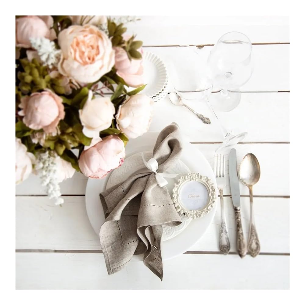 Lot de 6 serviettes de table blanches avec ourlet à jour - Serviettes de cocktail en dentelle et coton - Pour fête, mariage - Gris - 50 x 50 cm