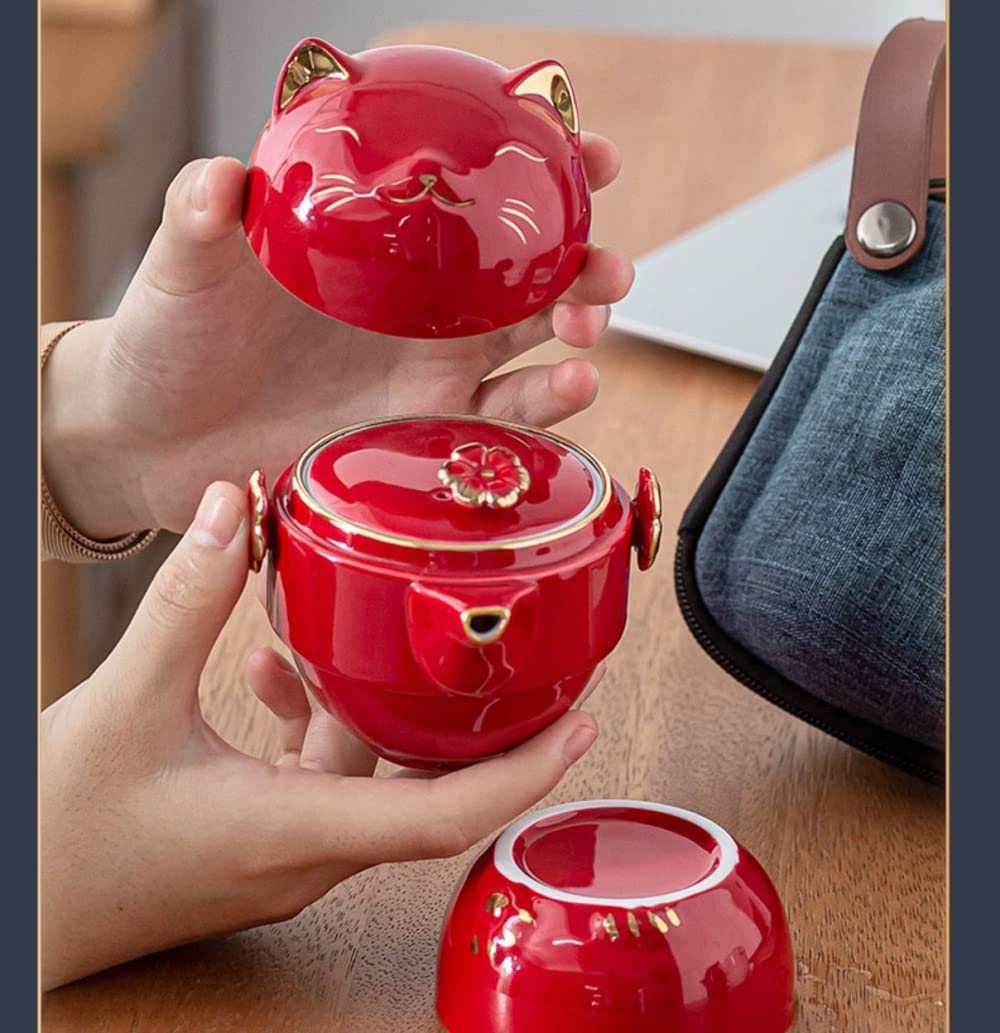 Zestaw do herbaty podróżnej z przenośną torbą, ceramiczny imbryk Kung Fu, czajnik typu „wszystko w jednym”, 1 dzbanek, 2 filiżanki, odpowiedni do podróży, biura i domu (czerwony)
