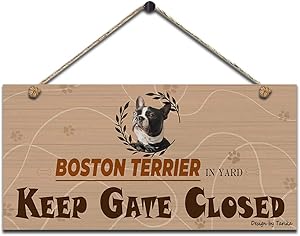 Boston Terrier in Yard Keep Gate Closed Retro Wooden Public Decorative Hanging Sign for Home Door Fence Vintage Wall Plaques Decoration(5x10Inches)