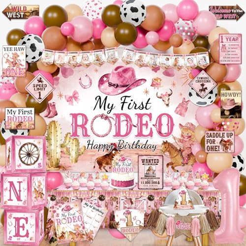 Mpanwen My First Rodeo Birthday Decorations Girl Wild West Western Cowgirl Rodeo 1st Birthday Party Decor for Girls - Backdrop High Chair Banner Bandana Tablecloth Poster Wall Signs ONE Box
