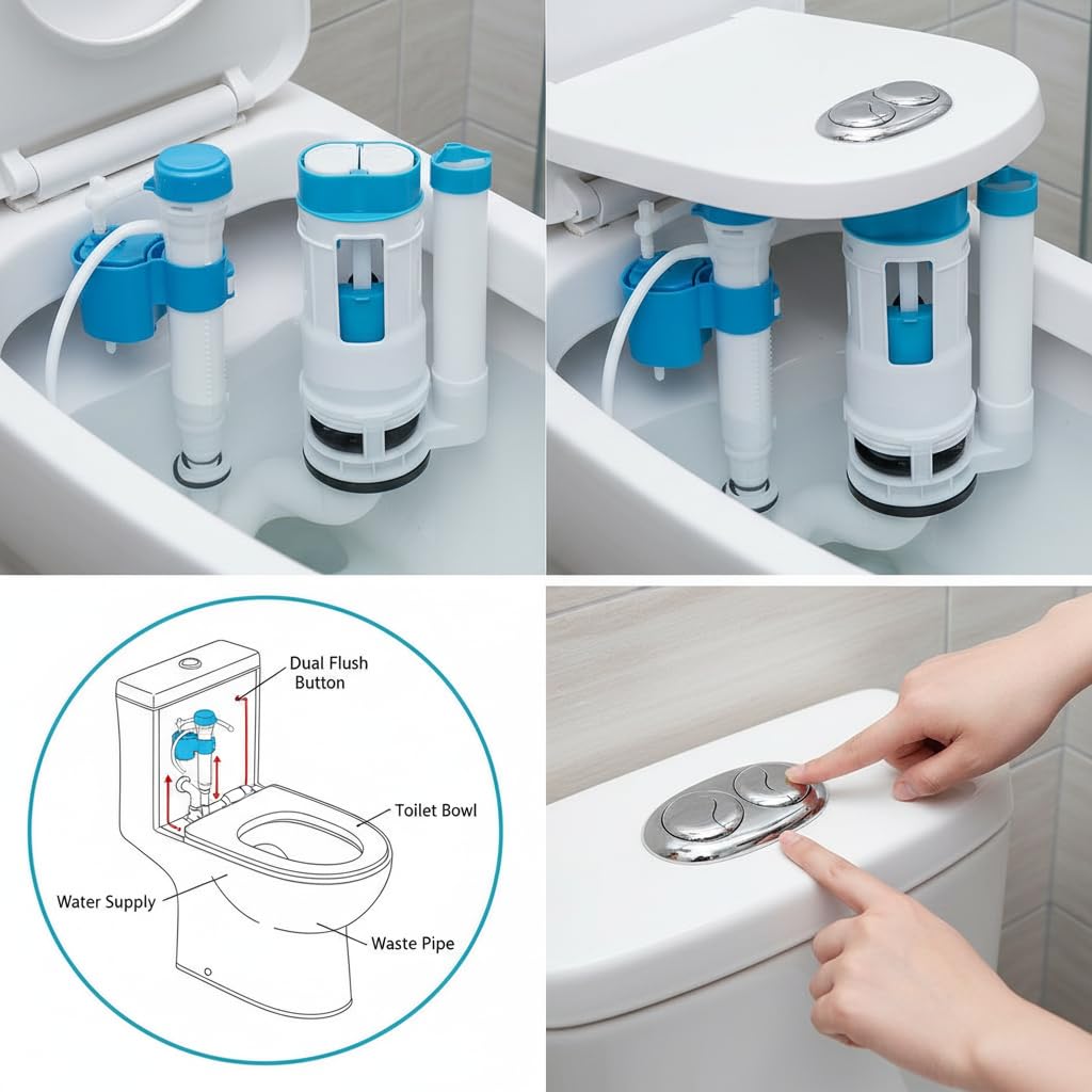 Sistema de descarga de inodoro de repuesto, Wieat Kit de cisterna de inodoro de doble descarga, botón pulsador para baño doméstico, válvula de llenado ajustable azul, adecuado para depósitos con una