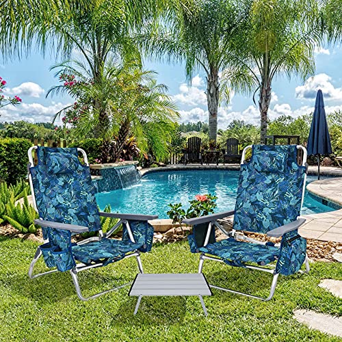 Image of Giantex Folding Beach Chair, Patio Sling Chairs with 5 Adjustable Position, Head Pillow, Storage Bag, Towel Bar, Cup Holders, Backpack Chairs for Sunbathing, Camping Chair