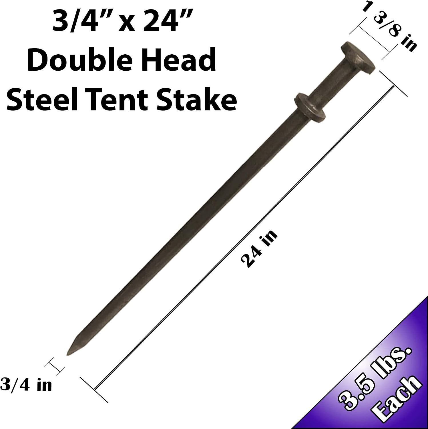 Double Head Tent Stakes, Heavy Duty Steel Outdoor Ground Spikes to Anchor Commercial Inflatables, Party Tents and Camping Shelters, 3/4 Inch x 24 Inch, Pack of 4