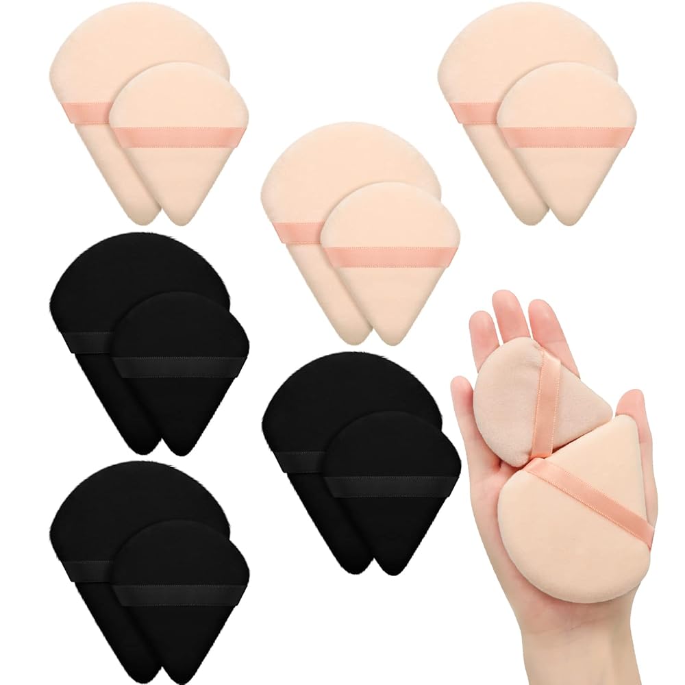 Maitys 12 Pcs Powder Puff Triangle for Face Makeup Cosmetic Loose Powder Puff Velour Soft Body Washable Reusable Foundation Sponge Wet Dry Makeup Tool for Women(Large, Small,Black, Nude Color)