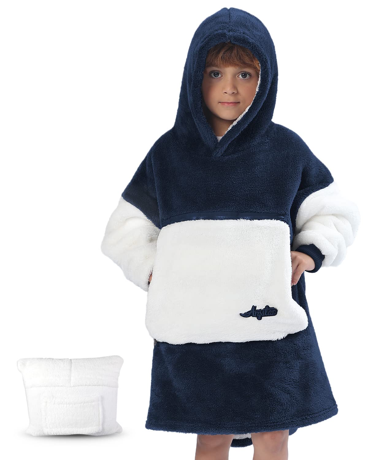 Argstar Übergroße Hoodie decke Kinder, tragbare Decken Hoodie für Mädchen Junge, weiche Kapuzendecke, kuschelige Sherpa-Decke, warmes Hoodie mit Tasche und Ärmeln, Navy blau