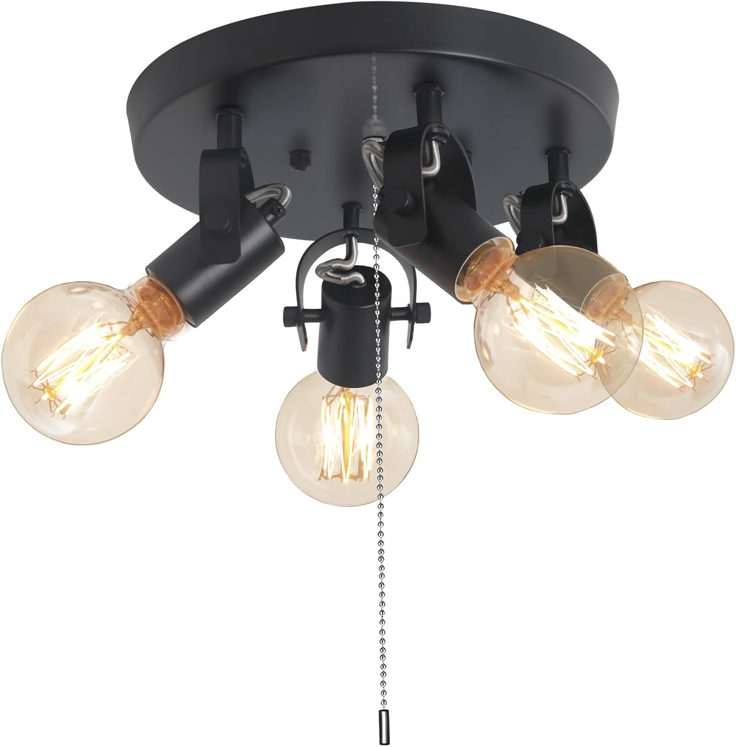SEEBLEN 4 Light Flush Mount Ceiling Light with Pull Chain, Industrial Kitchen Ceiling Light with Rotatable Light Head,Black Pull Chain Ceiling Spotlight for Bedroom Hallway Kitchen Laundry