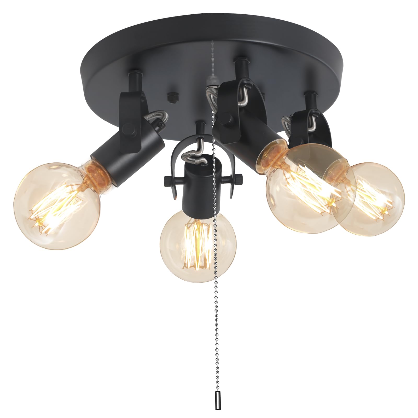 Pull String Light Fixture,Four Adjustable Heads,Wide Directional Beam,for Garages,Workshops and Storage Rooms Modern 4-Light Flush Mount Ceiling Light with Pull Chain,Black
