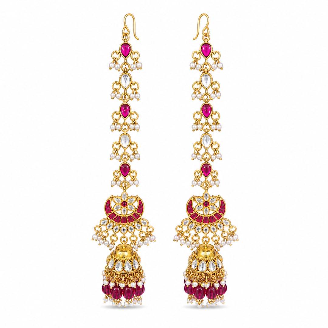 Traditional Gold Plated Kundan Jhumka Earrings with Ruby Pink Stones & Pearl Drops | Bridal Long Chandbali Earrings for Women