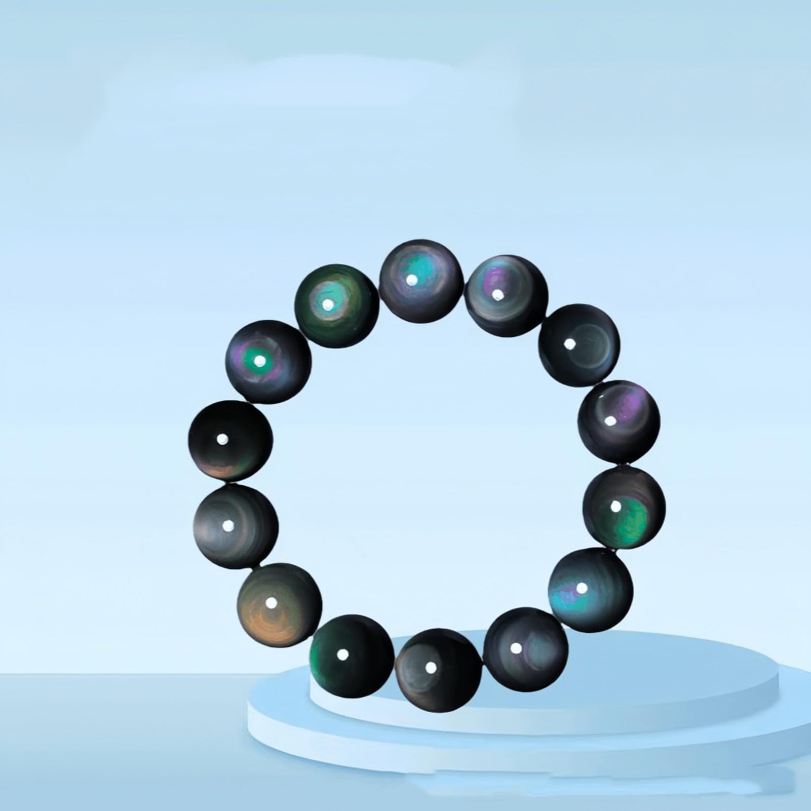 Pulsera elástica de obsidiana Colorida para Mujeres y Hombres, Cuentas de Cristal volcánico con Brillo de Plata y Oro arcoíris Natural, joyería de Piedra elástica Ajustable,6a,10MM