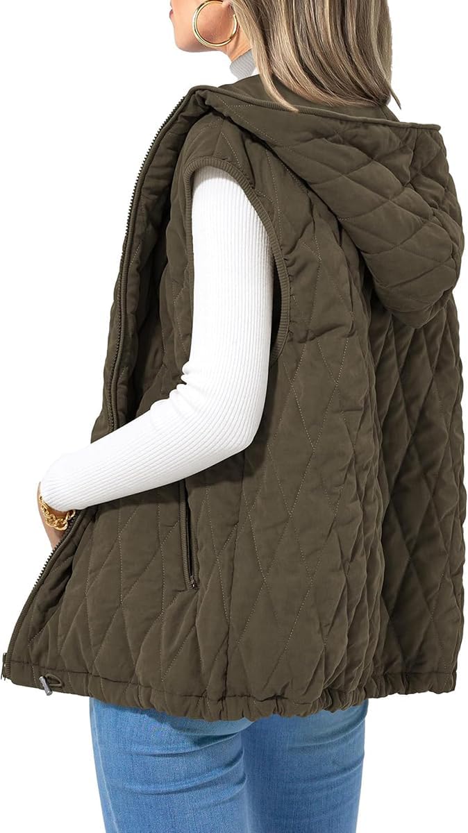Stylish Women’s Fall Vest: Sleeveless Hooded Quilted Padded Jacket with Zip Up Front and Pockets for Winter Coat Outerwear