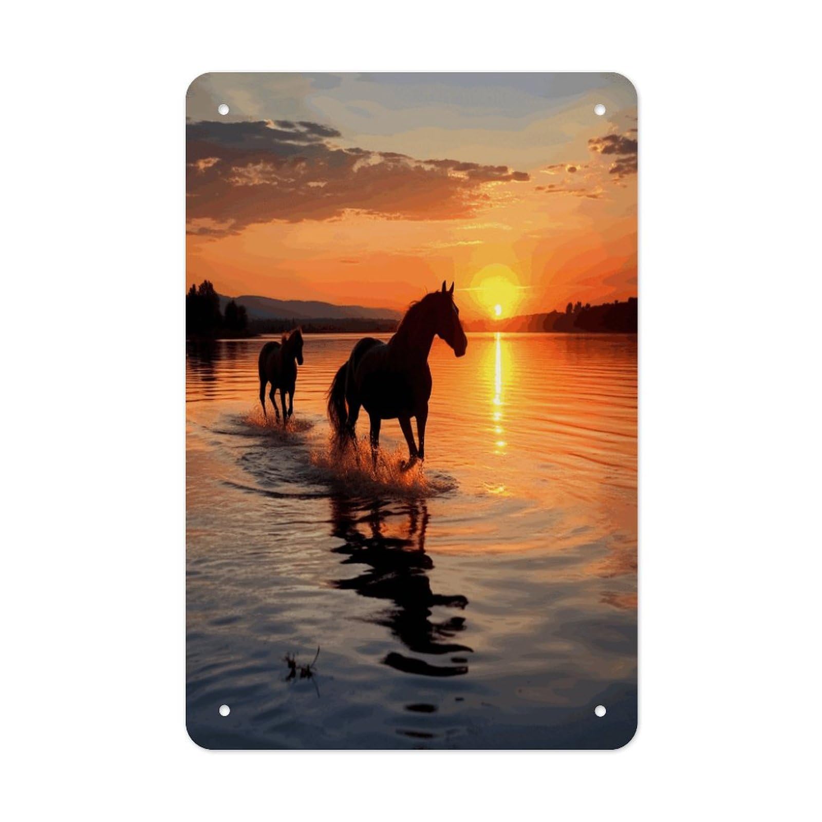 Sunsets Lake Horses Metal Tin Sign Wall Decor Funny Retro Sign Weatherproof Metal Wall Art for Indoor Or Outdoor Retro Tin Signs for Kitchen Office Home Bar Decor 11.8 X 7.9 Inch