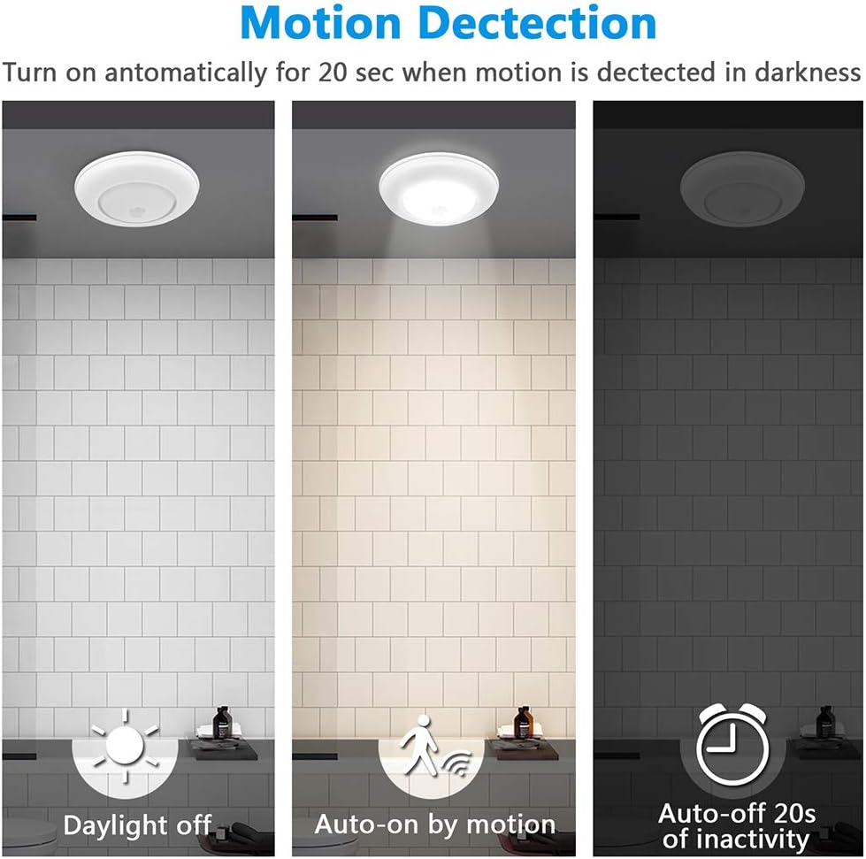 SUNVIE Motion Sensor Ceiling Light Battery Operated, Wireless Motion Sensing Activated LED Closet Light Warm White Indoor for Stairs, Hallway, Garage, Bathroom, Cabinet (Bright White, 2 Pack)