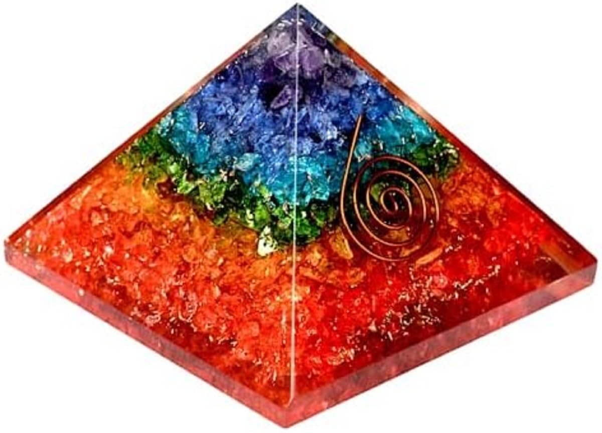 Seven Chakra Orgone Pyramid – Healing Crystal Energy Generator with SBB Coil – Balances Chakra for Meditation, Yoga, and Spiritual Wellness | 7cm x 7.5cm