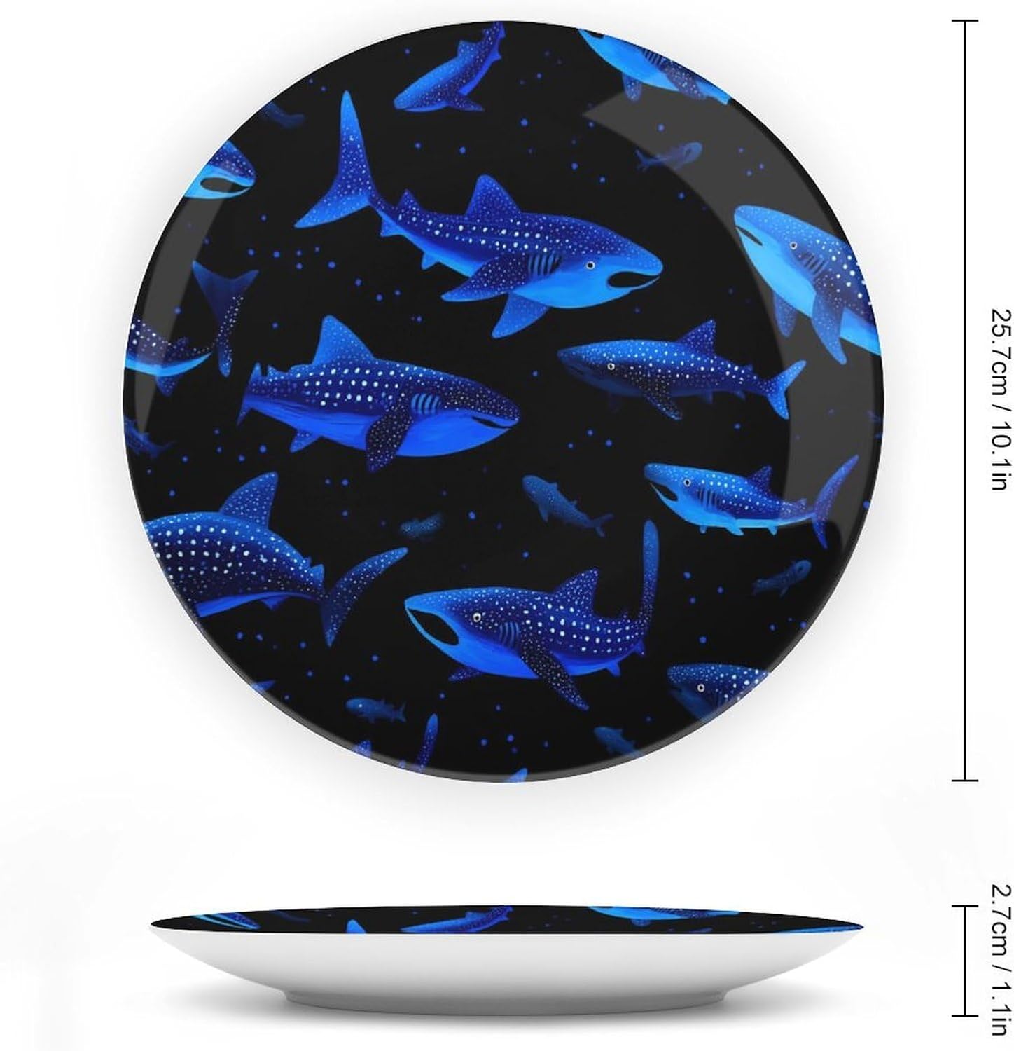 Shark Whale Blue Printed Decorative Plate with Display Stand Handmade Ceramic Ornament Hanging Wall Decor for Foyer Home Office