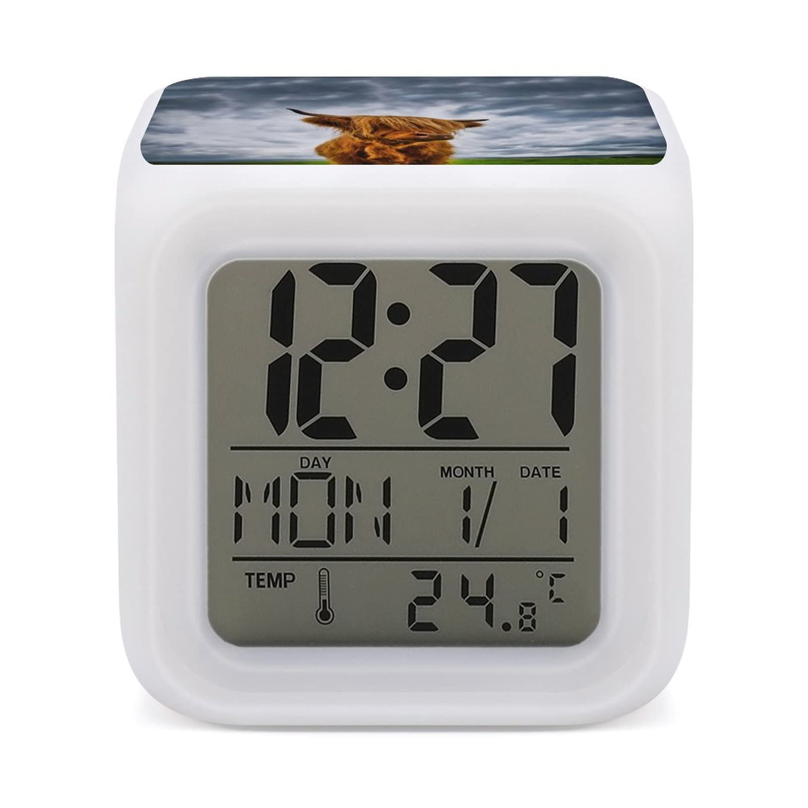 Highland Cow in The Scottish Highlands Alarm Clock 7 Color Digital Alarm Clock For Women Men Gift