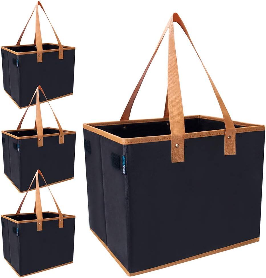 Urban House AUH-SB4BK Large Collapsible Grocery Shopping Tote Box with Reinforced Bottom, 14”L x 11”W x 11”H (Pack of 4), Black with Brown Trim