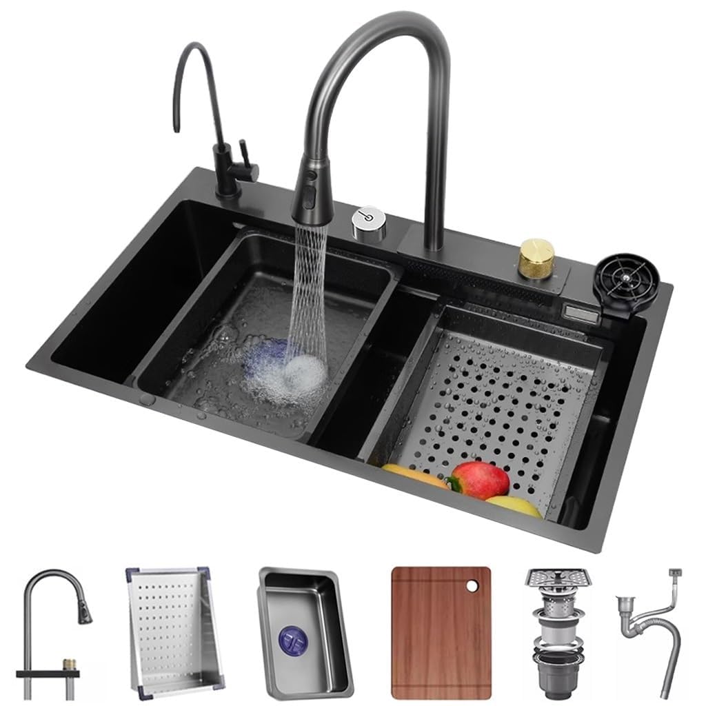 WBJGUOD Premium Single Bowl Stainless Steel Kitchen Sink with 360° Pull-Down Waterfall Faucet and Complete Accessories Set(68x45x22cm)