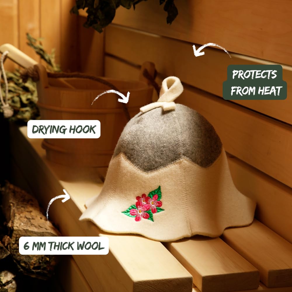 Saunahut 'Sauna Flower' White - 100% organische Wollfilzmützen - Schützen Sie Ihren Kopf vor Hitze - Englische Sauna E-Book Handbuch inklusiv - mit Stickerei
